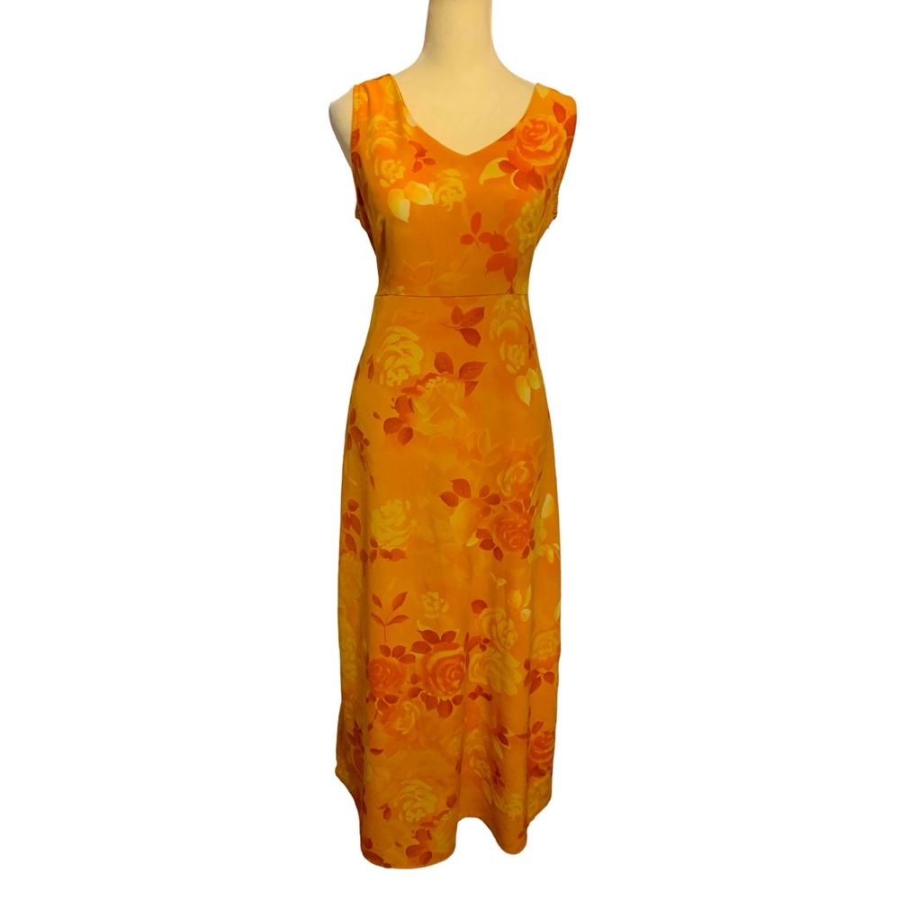 NY & Co Women's Maxi Dress. Beautiful Burnt Orange & Yellow Floral Print. EUC
